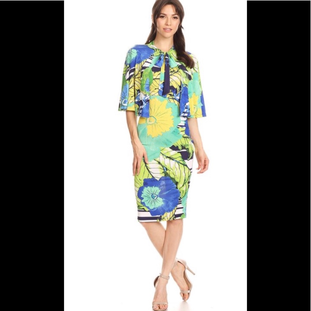 Mixed floral printed, sleeveless midi fitted dress